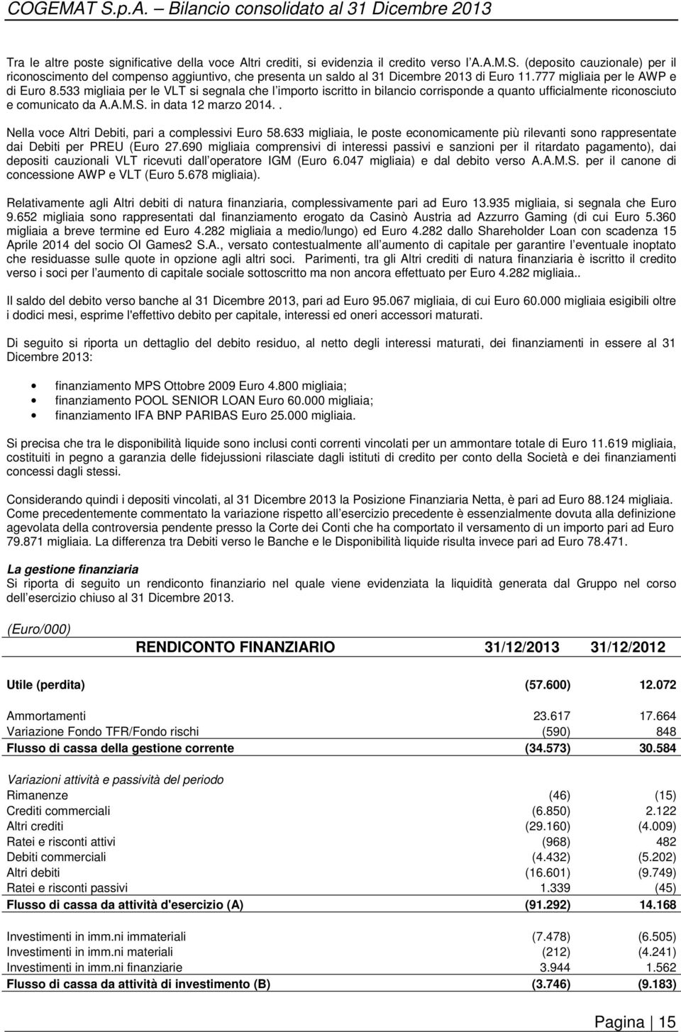 533 migliaia per le VLT si segnala che l importo iscritto in bilancio corrisponde a quanto ufficialmente riconosciuto e comunicato da A.A.M.S. in data 12 marzo 2014.