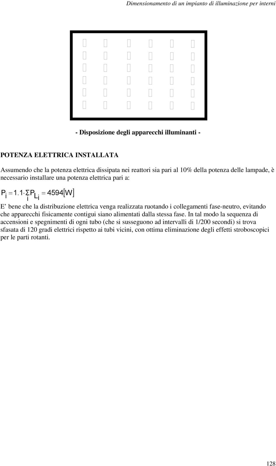 1 ΣP L = 4594 W i i E bene che la distribuzione elettrica venga realizzata ruotando i collegamenti fase-neutro, evitando che apparecchi fisicamente contigui siano alimentati dalla stessa