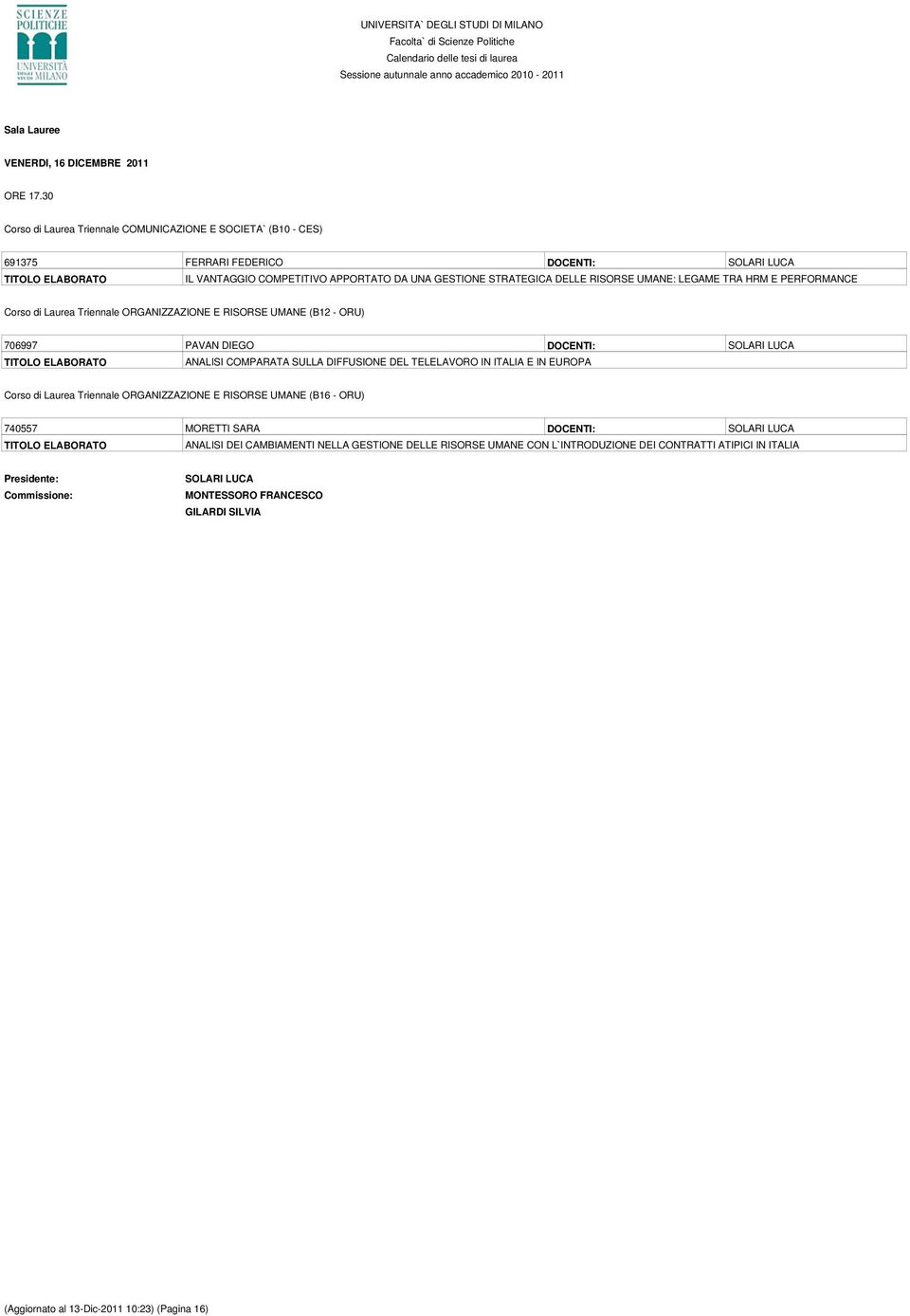 UMANE: LEGAME TRA HRM E PERFORMANCE Corso di Laurea Triennale ORGANIZZAZIONE E RISORSE UMANE (B12 - ORU) 706997 PAVAN DIEGO DOCENTI: SOLARI LUCA ANALISI COMPARATA SULLA DIFFUSIONE DEL