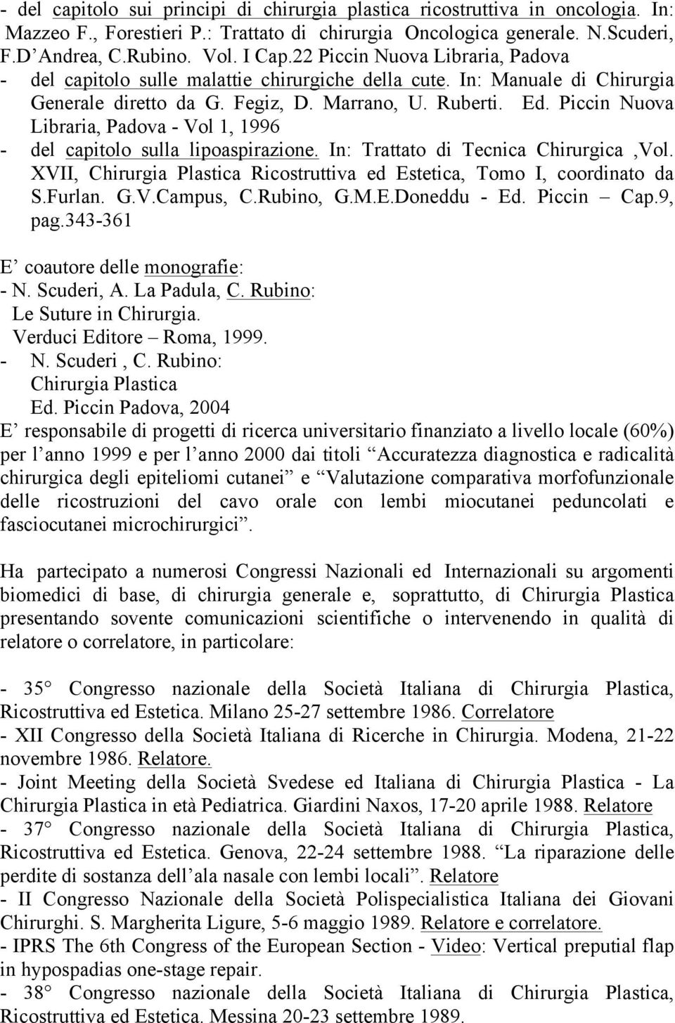 Piccin Nuova Libraria, Padova - Vol 1, 1996 - del capitolo sulla lipoaspirazione. In: Trattato di Tecnica Chirurgica,Vol. XVII, Chirurgia Plastica Ricostruttiva ed Estetica, Tomo I, coordinato da S.