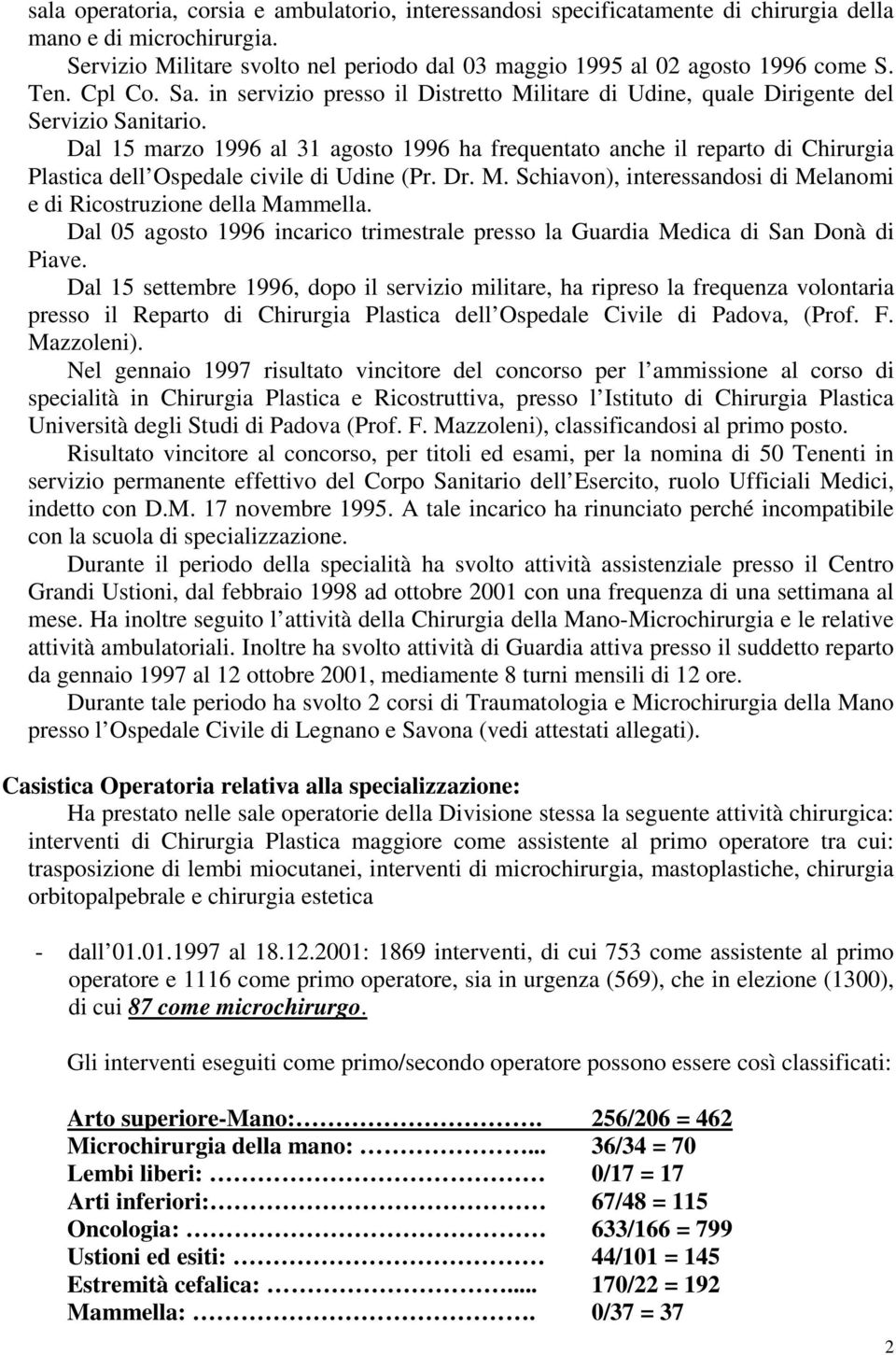 Dal 15 marzo 1996 al 31 agosto 1996 ha frequentato anche il reparto di Chirurgia Plastica dell Ospedale civile di Udine (Pr. Dr. M.