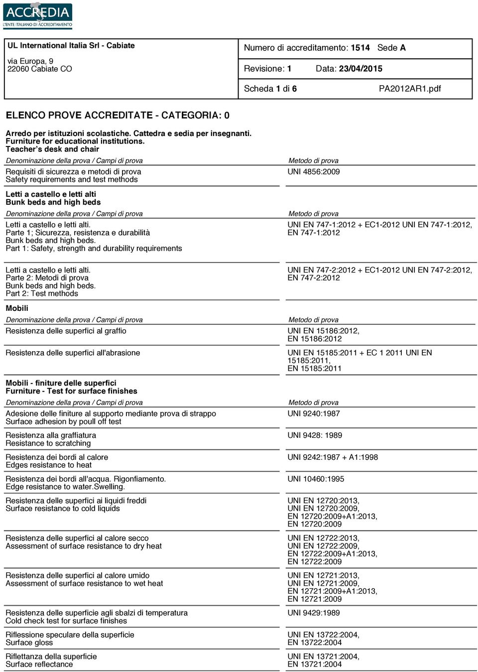 Part 1: Safety, strength and durability requirements UNI 4856:2009 UNI EN 747-1:2012 + EC1-2012 UNI EN 747-1:2012, EN 747-1:2012 Letti a castello e letti alti. Parte 2: Bunk beds and high beds.