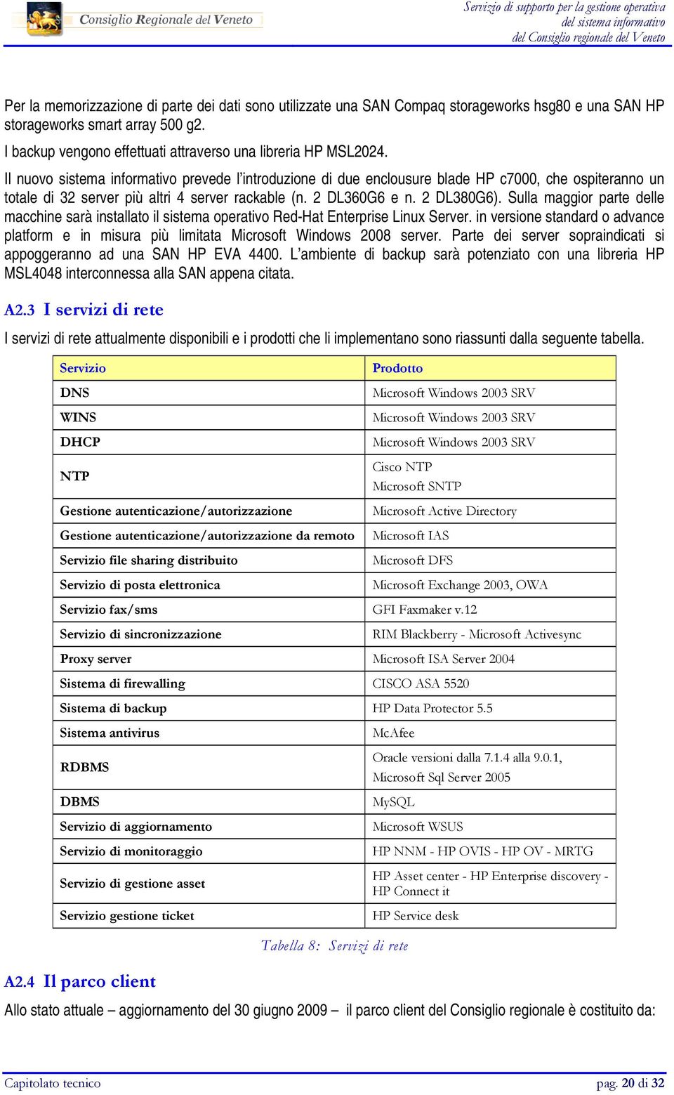 Sulla maggior parte delle macchine sarà installato il sistema operativo Red-Hat Enterprise Linux Server. in versione standard o advance platform e in misura più limitata Microsoft Windows 2008 server.