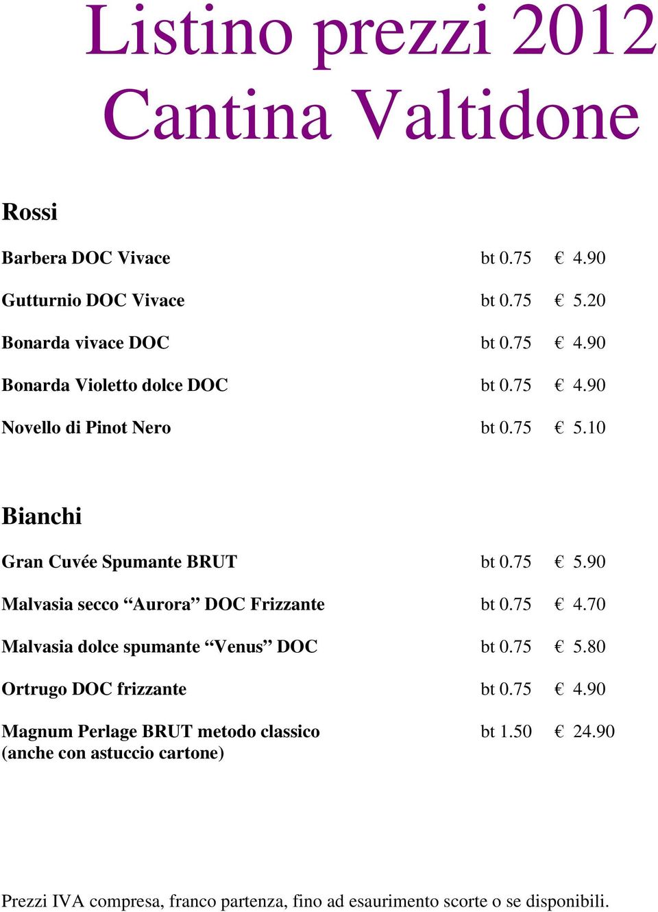 10 Bianchi Gran Cuvée Spumante BRUT bt 0.75 5.90 Malvasia secco Aurora DOC Frizzante bt 0.75 4.