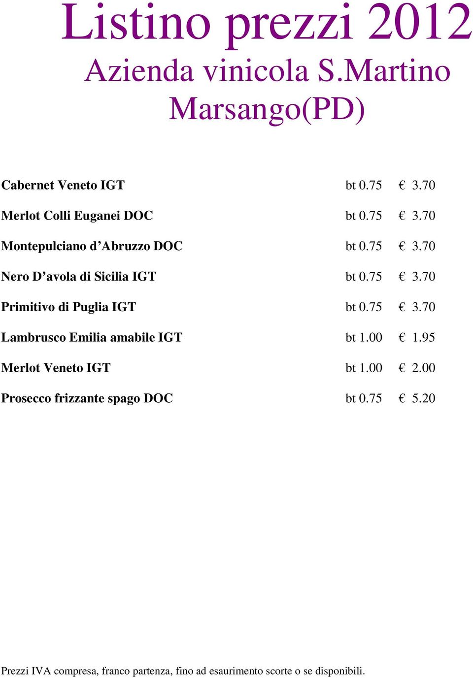 75 3.70 Primitivo di Puglia IGT bt 0.75 3.70 Lambrusco Emilia amabile IGT bt 1.00 1.