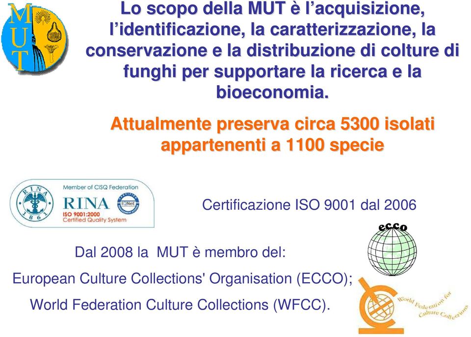 Attualmente preserva circa 5300 isolati appartenenti a 1100 specie Certificazione ISO 9001 dal 2006
