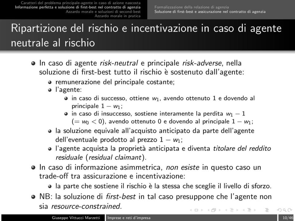 1, avendo ottenuto 1 e dovendo al principale 1 w 1 ; in caso di insuccesso, sostiene interamente la perdita w 1 1 (= w 0 < 0), avendo ottenuto 0 e dovendo al principale 1 w 1 ; la soluzione equivale