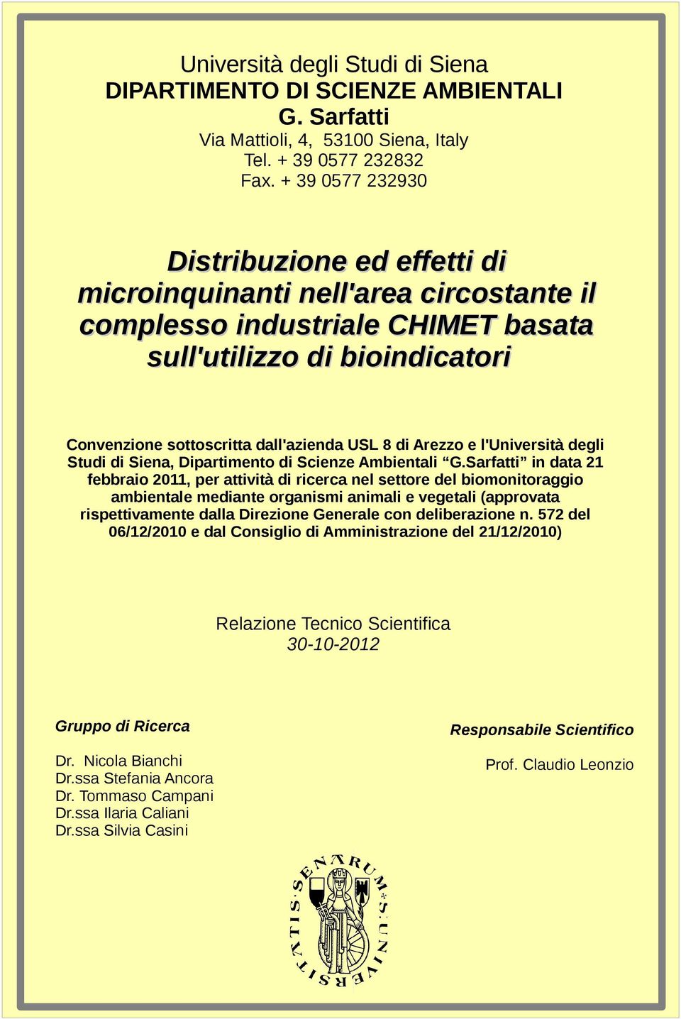 Arezzo e l'università degli Studi di Siena, Dipartimento di Scienze Ambientali G.