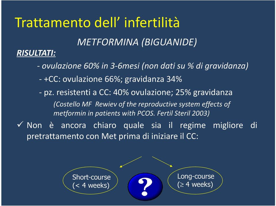 resistenti a CC: 40% ovulazione; 25% gravidanza (Costello MF Rewiev of the reproductive system effects of metformin