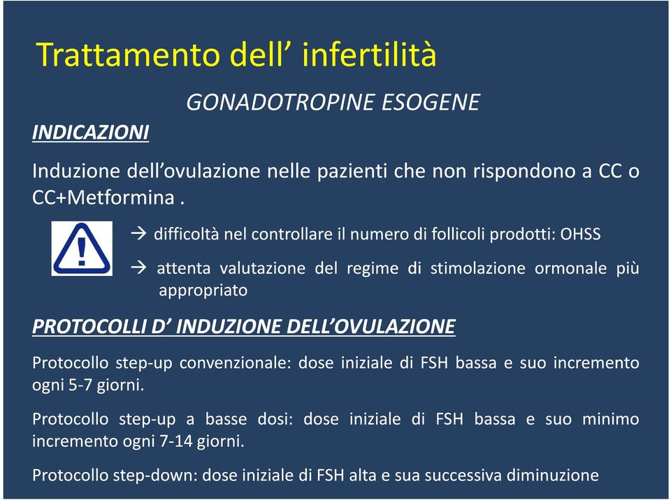 D INDUZIONE DELL OVULAZIONE Protocollo step-up convenzionale: dose iniziale di FSH bassa e suo incremento ogni 5-7 giorni.