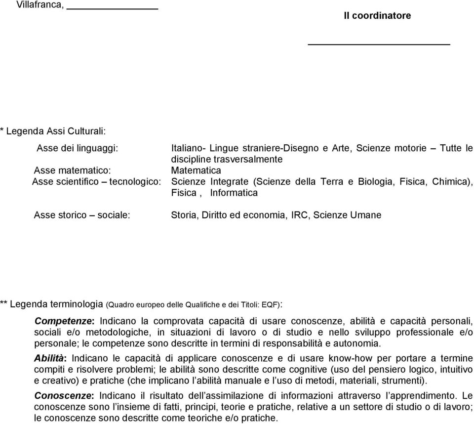 Legenda terminologia (Quadro europeo delle Qualifiche e dei Titoli: EQF): Competenze: Indicano la comprovata capacità di usare conoscenze, abilità e capacità personali, sociali e/o metodologiche, in