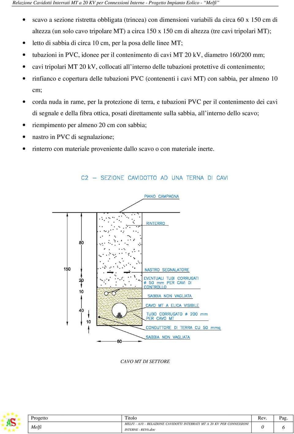 MT 20 kv, diametro 160/200 mm; cavi tripolari MT 20 kv, collocati all interno delle tubazioni protettive di contenimento; rinfianco e copertura delle tubazioni PVC (contenenti i cavi MT) con sabbia,