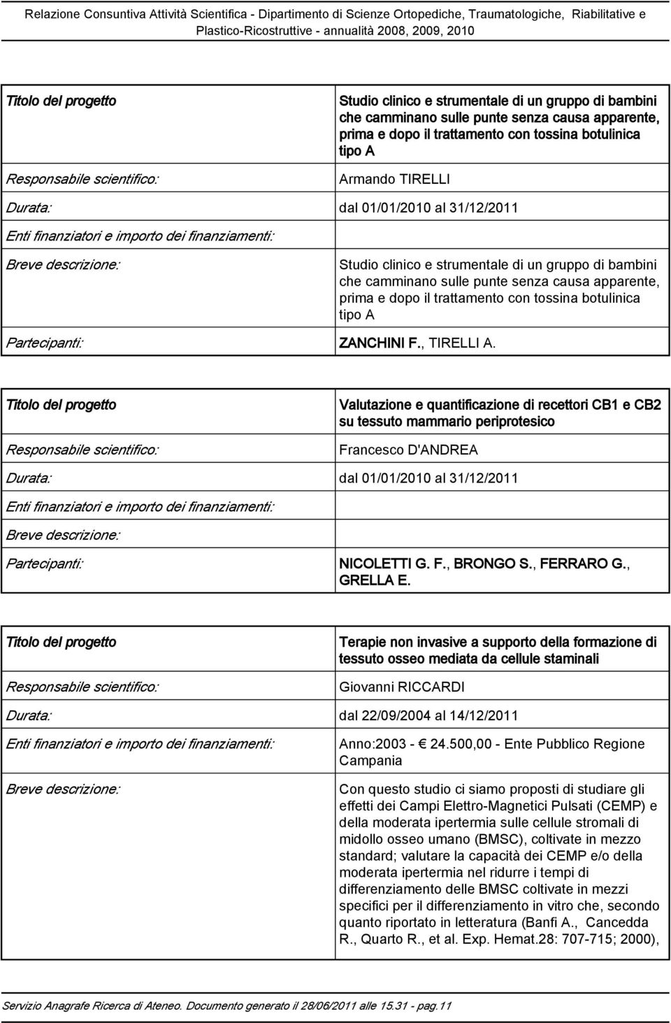 Valutazione e quantificazione di recettori CB1 e CB2 su tessuto mammario periprotesico Francesco D'ANDREA Durata: dal 01/01/2010 al 31/12/2011 NICOLETTI G. F., BRONGO S., FERRARO G., GRELLA E.