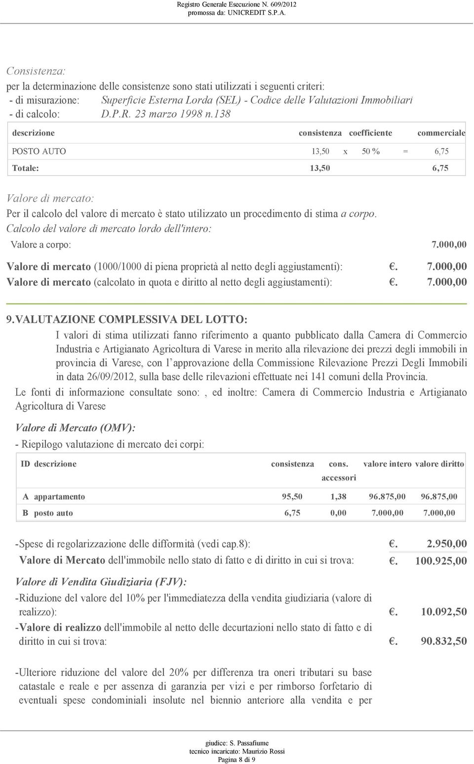 138 descrizione consistenza coefficiente commerciale POSTO AUTO 13,50 x 50 % = 6,75 Totale: 13,50 6,75 Valore di mercato: Per il calcolo del valore di mercato è stato utilizzato un procedimento di