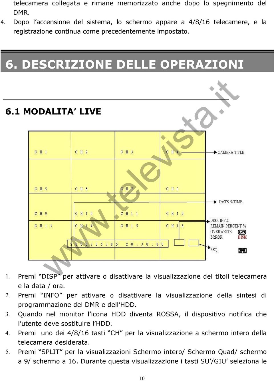 Premi DISP per attivare o disattivare la visualizzazione dei titoli telecamera e la data / ora. 2.