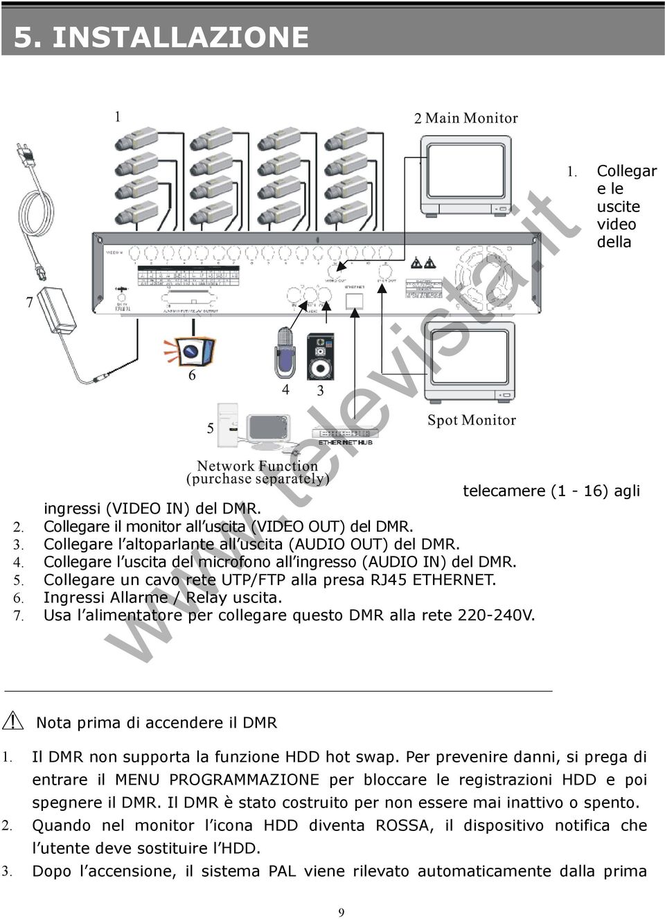 Ingressi Allarme / Relay uscita. 7. Usa l alimentatore per collegare questo DMR alla rete 220-240V. Nota prima di accendere il DMR 1. Il DMR non supporta la funzione HDD hot swap.