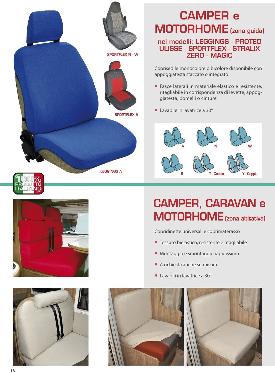 appoggiatesta, pomelli o cinture Lavabile in lavatrice a 30 A N W LEGGINGS A S T - Coppia Y - Coppia CAMPER, CARAVAN e MOTORHOME (zona abitativa) Copridinette