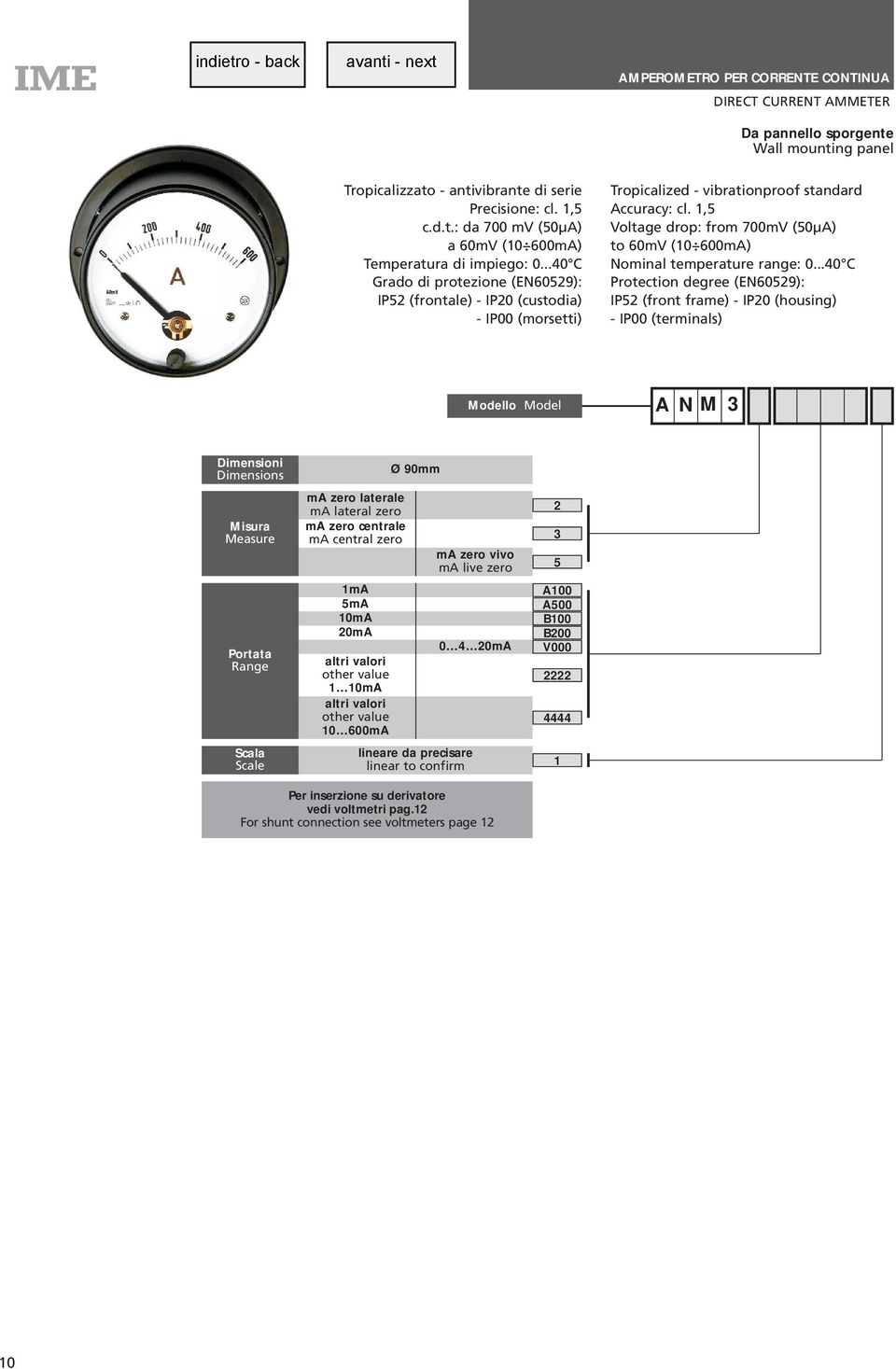 ..40 C IP52 (front frame) - IP20 (housing) - IP00 (terminals) NM3 Dimensioni Dimensions Misura Measure Portata Range Scala Scale m zero laterale m lateral zero m zero centrale m central zero 1m 5m