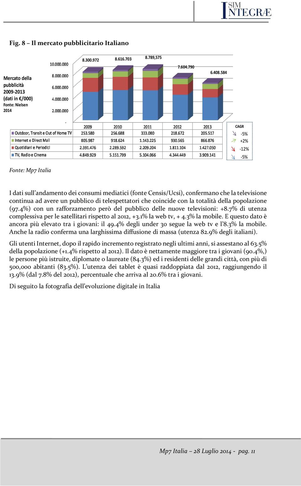 con la totalità della popolazione (97.4%) con un rafforzamento però del pubblico delle nuove televisioni: +8.7% di utenza complessiva per le satellitari rispetto al 2012, +3.1% la web tv, + 4.