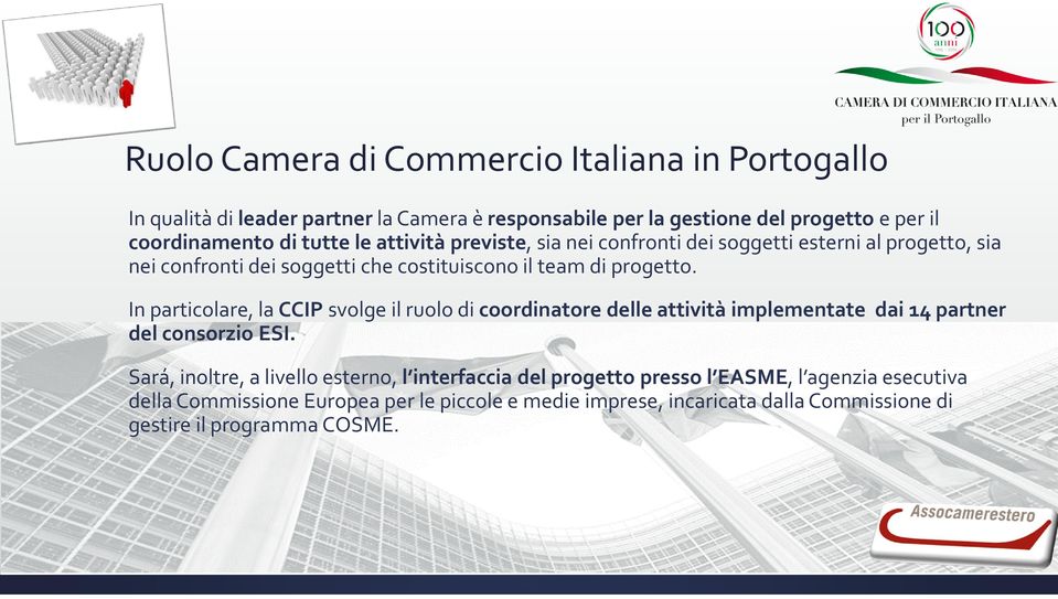 In particolare, la CCIP svolge il ruolo di coordinatore delle attività implementate dai 14 partner del consorzio ESI.