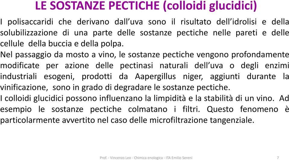 Nel passaggio da mosto a vino, le sostanze pectiche vengono profondamente modificate per azione delle pectinasi naturali dell uva o degli enzimi industriali esogeni, prodotti da Aapergillus niger,