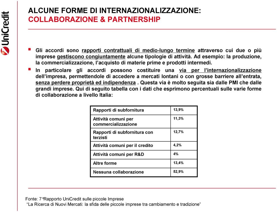 In particolare gli accordi possono costituire una via per l internazionalizzazione dell impresa, permettendole di accedere a mercati lontani o con grosse barriere all entrata, senza perdere proprietà