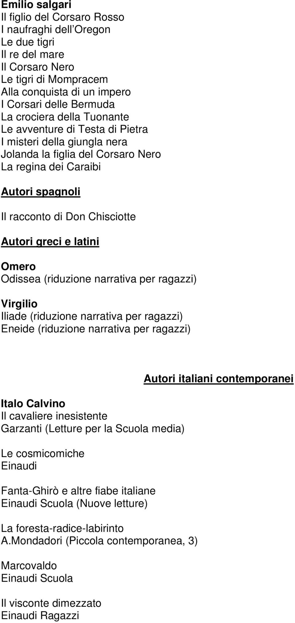 latini Omero Odissea (riduzione narrativa per ragazzi) Virgilio Iliade (riduzione narrativa per ragazzi) Eneide (riduzione narrativa per ragazzi) Italo Calvino Il cavaliere inesistente Garzanti