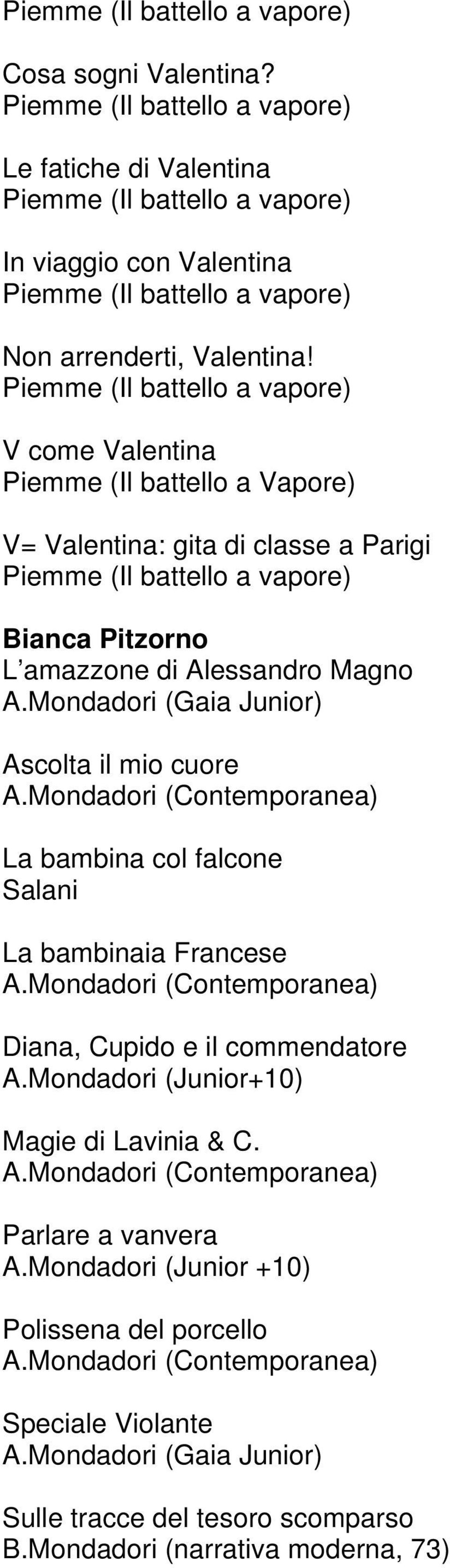 Piemme (Il battello a vapore) V come Valentina Piemme (Il battello a Vapore) V= Valentina: gita di classe a Parigi Piemme (Il battello a vapore) Bianca Pitzorno L amazzone di Alessandro Magno A.