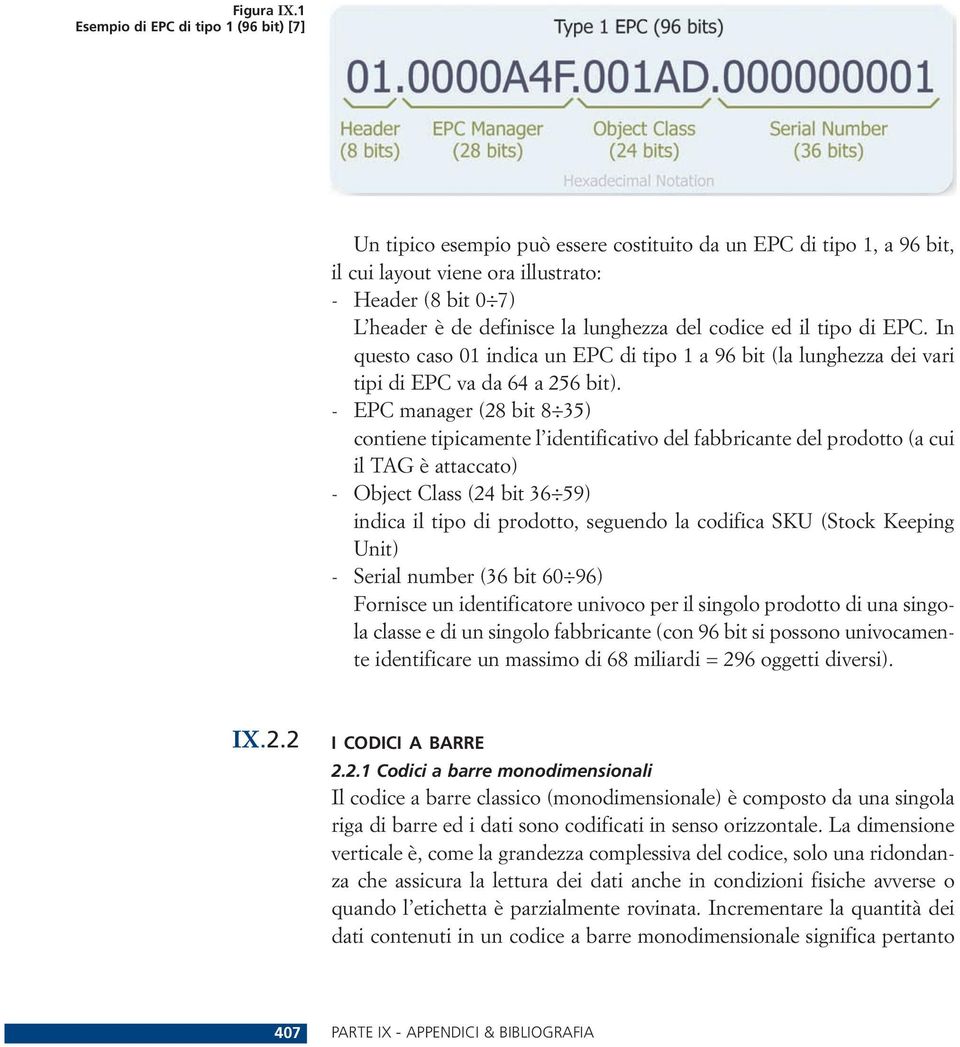 lunghezza del codice ed il tipo di EPC. In questo caso 01 indica un EPC di tipo 1 a 96 bit (la lunghezza dei vari tipi di EPC va da 64 a 256 bit).