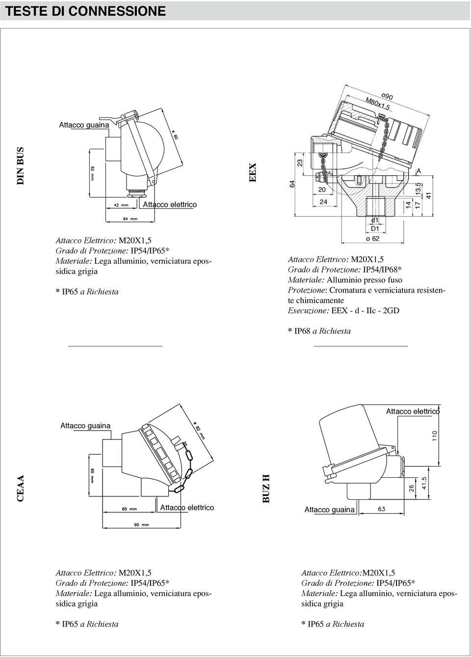 IP54/IP68* Materiale: Alluminio presso fuso Protezione: Cromatura e verniciatura resistente chimicamente Esecuzione: EEX - d - IIc - 2GD * IP68 a Richiesta Attacco elettrico Attacco guaina CEAA