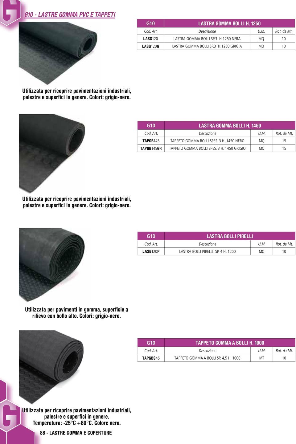 1450 Rot. da Mt. TAPGB145 TAPPETO GOMMA BOLLI SPES. 3 H. 1450 NERO MQ 15 TAPGB145GR TAPPETO GOMMA BOLLI SPES. 3 H. 1450 GRIGIO MQ 15 Utilizzata per ricoprire pavimentazioni industriali, palestre e superfici in genere.