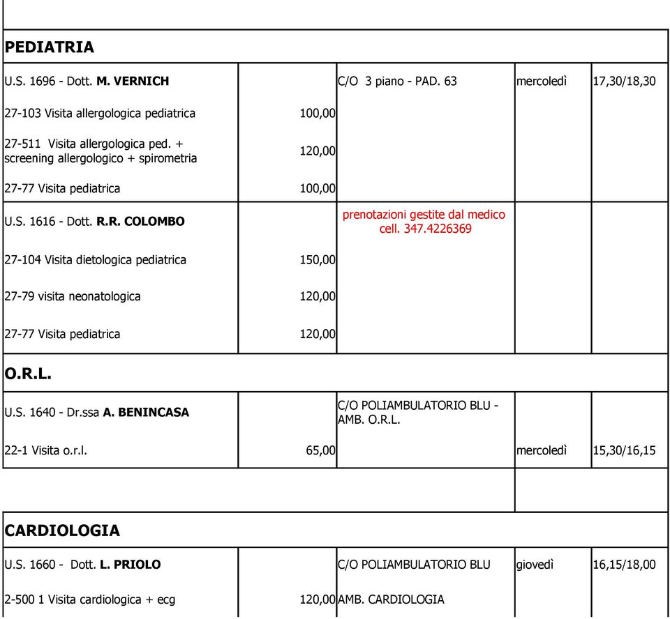 4226369 27-104 Visita dietologica pediatrica 150,00 27-79 visita neonatologica 120,00 27-77 Visita pediatrica 120,00 O.R.L. U.S. 1640 - Dr.ssa A. BENINCASA 22-1 Visita o.
