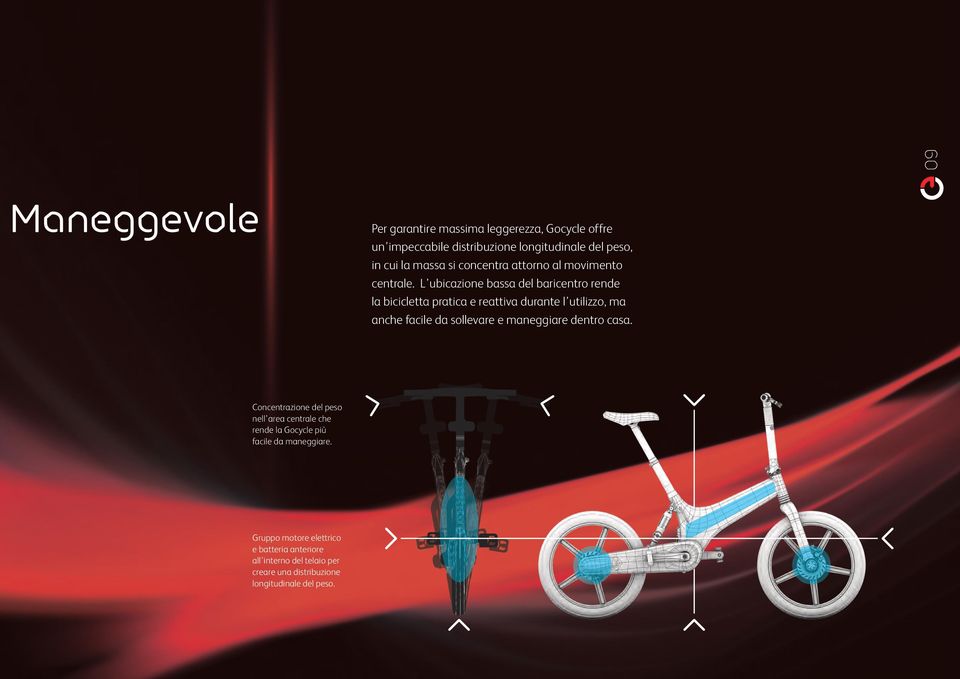 L ubicazione bassa del baricentro rende la bicicletta pratica e reattiva durante l utilizzo, ma anche facile da sollevare e