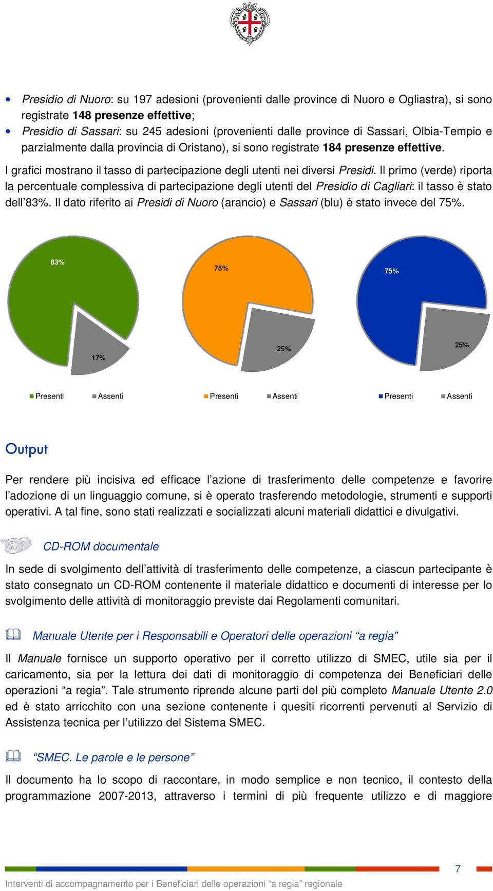 Il primo (verde) riporta la percentuale complessiva di partecipazione degli utenti del Presidio di Cagliari: il tasso è stato dell 83%.