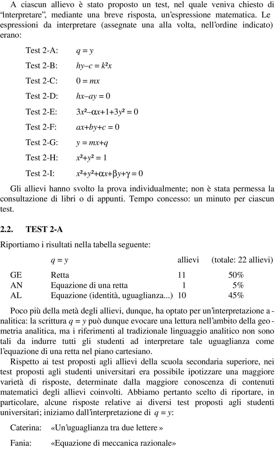 ax+by+c = 0 Test 2-G: y = mx+q Test 2-H: x²+y² = 1 Test 2-I: x²+y²+αx+βy+γ = 0 Gli allievi hanno svolto la prova individualmente; non è stata permessa la consultazione di libri o di appunti.