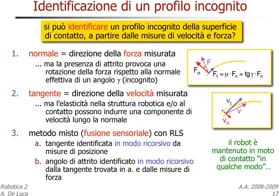 .. ma l elasticità nella struttura robotica e/o al contatto possono indurre una componente di velocità lungo la normale 3. metodo misto (fusione sensoriale) con RLS a.