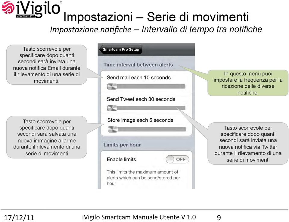 Tasto scorrevole per specificare dopo quanti secondi sarà salvata una nuova immagine allarme durante il rilevamento di una serie di movimenti Tasto scorrevole per