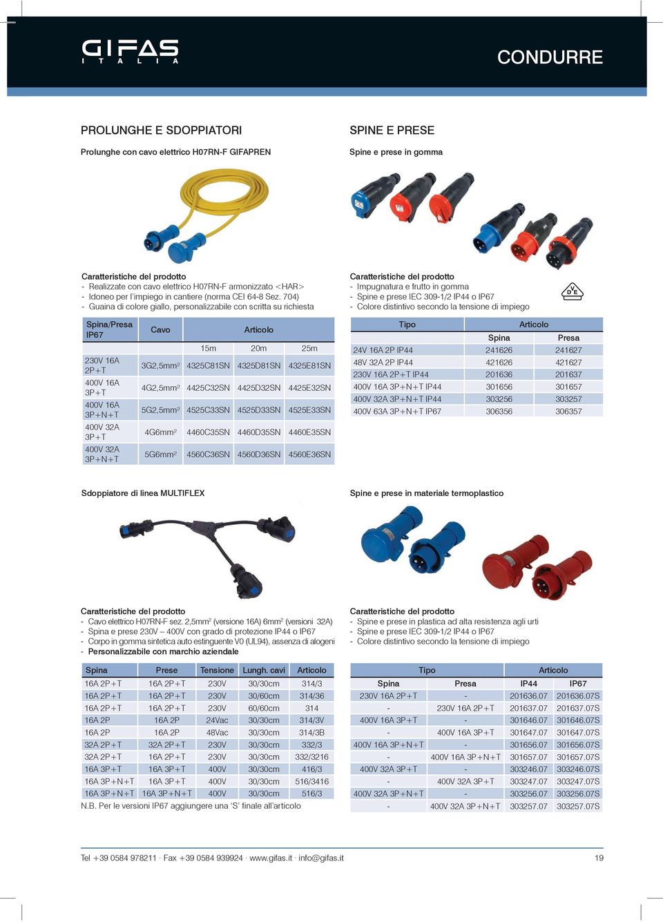 704) - Guaina di colore giallo, personalizzabile con scritta su richiesta - Impugnatura e frutto in gomma - Spine e prese IEC 309-1/2 IP44 o IP67 - Colore distintivo secondo la tensione di impiego