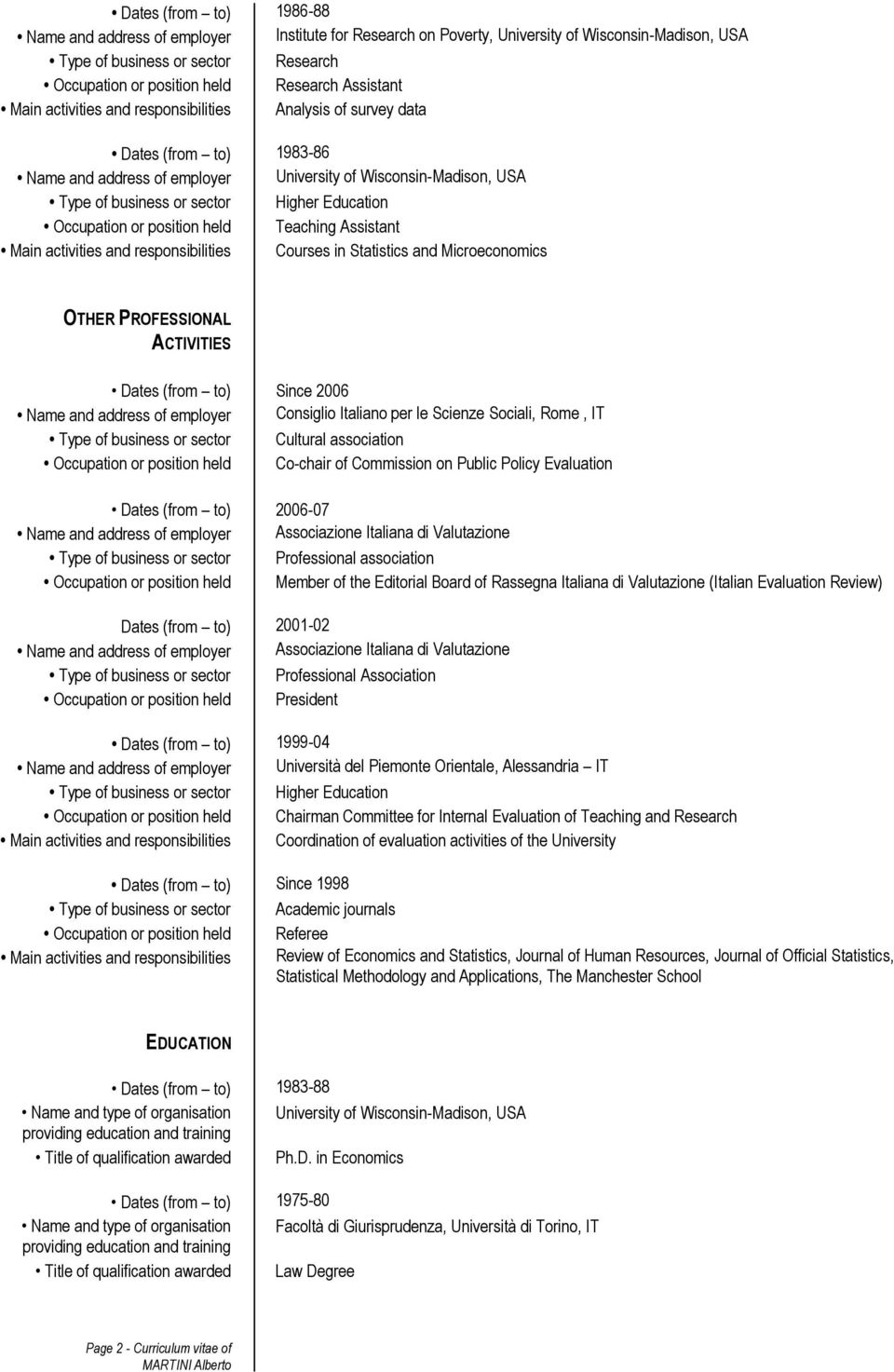 Rome, IT Cultural association Co-chair of Commission on Public Policy Evaluation Dates (from to) 2006-07 Associazione Italiana di Valutazione Professional association Member of the Editorial Board of