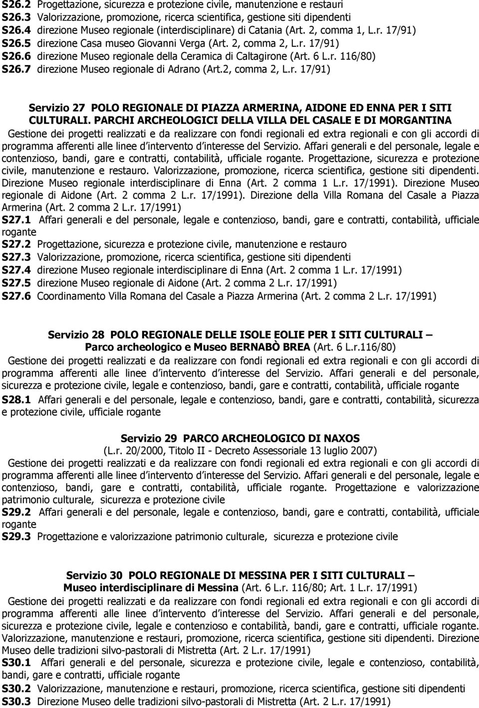 6 L.r. 116/80) S26.7 direzione Museo regionale di Adrano (Art.2, comma 2, L.r. 17/91) Servizio 27 POLO REGIONALE DI PIAZZA ARMERINA, AIDONE ED ENNA PER I SITI CULTURALI.