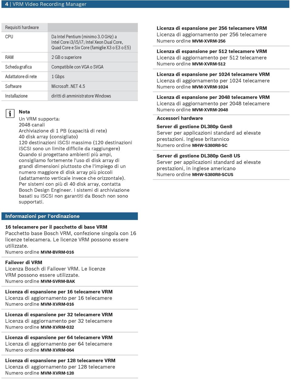 5 Installazione Nota diritti di amministratore Windows Un VRM spporta: 2048 canali Archiviazione di 1 PB (capacità di rete) 40 disk array (consigliato) 120 destinazioni iscsi massimo (120