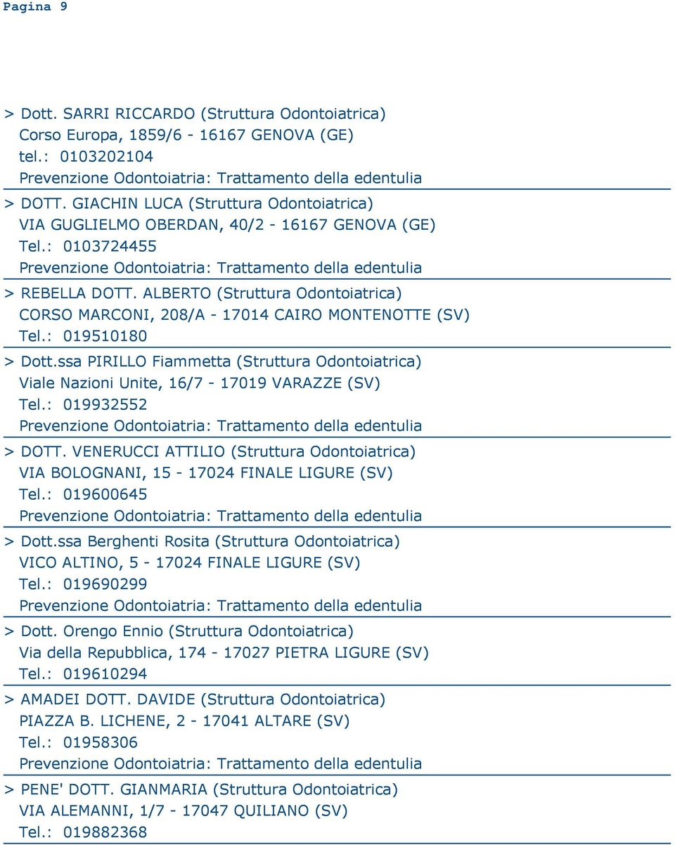 ALBERTO (Struttura Odontoiatrica) CORSO MARCONI, 208/A - 17014 CAIRO MONTENOTTE (SV) Tel.: 019510180 > Dott.