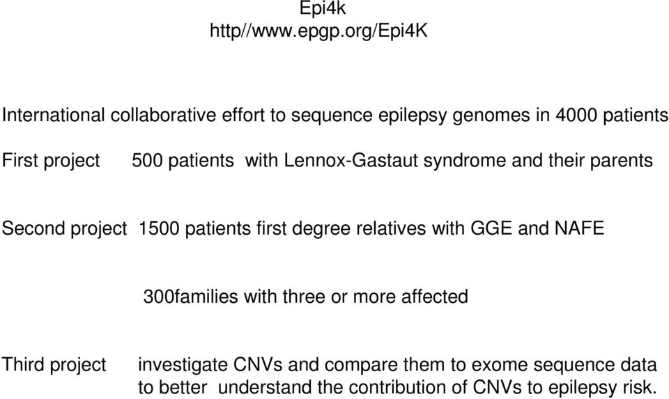500 patients with Lennox-Gastaut syndrome and their parents Second project 1500 patients first degree
