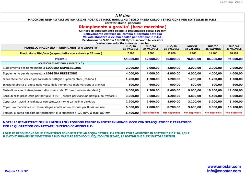 MATICHE ROTATIVE NECK HANDLING ( SOLO PRESA COLLO ) SPECIFICHE PER BOTTIGLIE IN P.E.T. Caratteristiche generali: Riempimento a gravita (base macchina) Cilindro di sollevamento bottiglia pneumatico