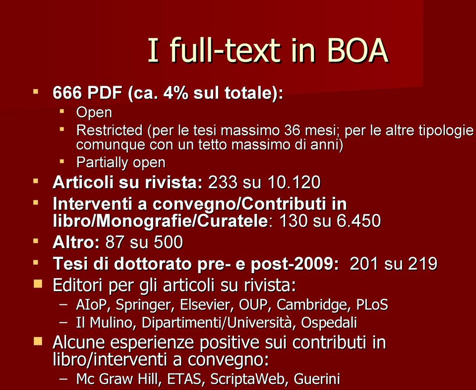 su rivista: 233 su 10.120 Interventi a convegno/contributi in libro/monografie/curatele: : 130 su 6.