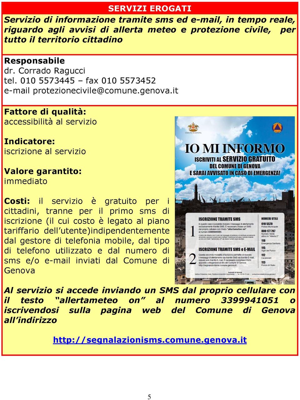 it Fattore di qualità: accessibilità al servizio Indicatore: iscrizione al servizio Valore garantito: immediato Costi: il servizio è gratuito per i cittadini, tranne per il primo sms di iscrizione