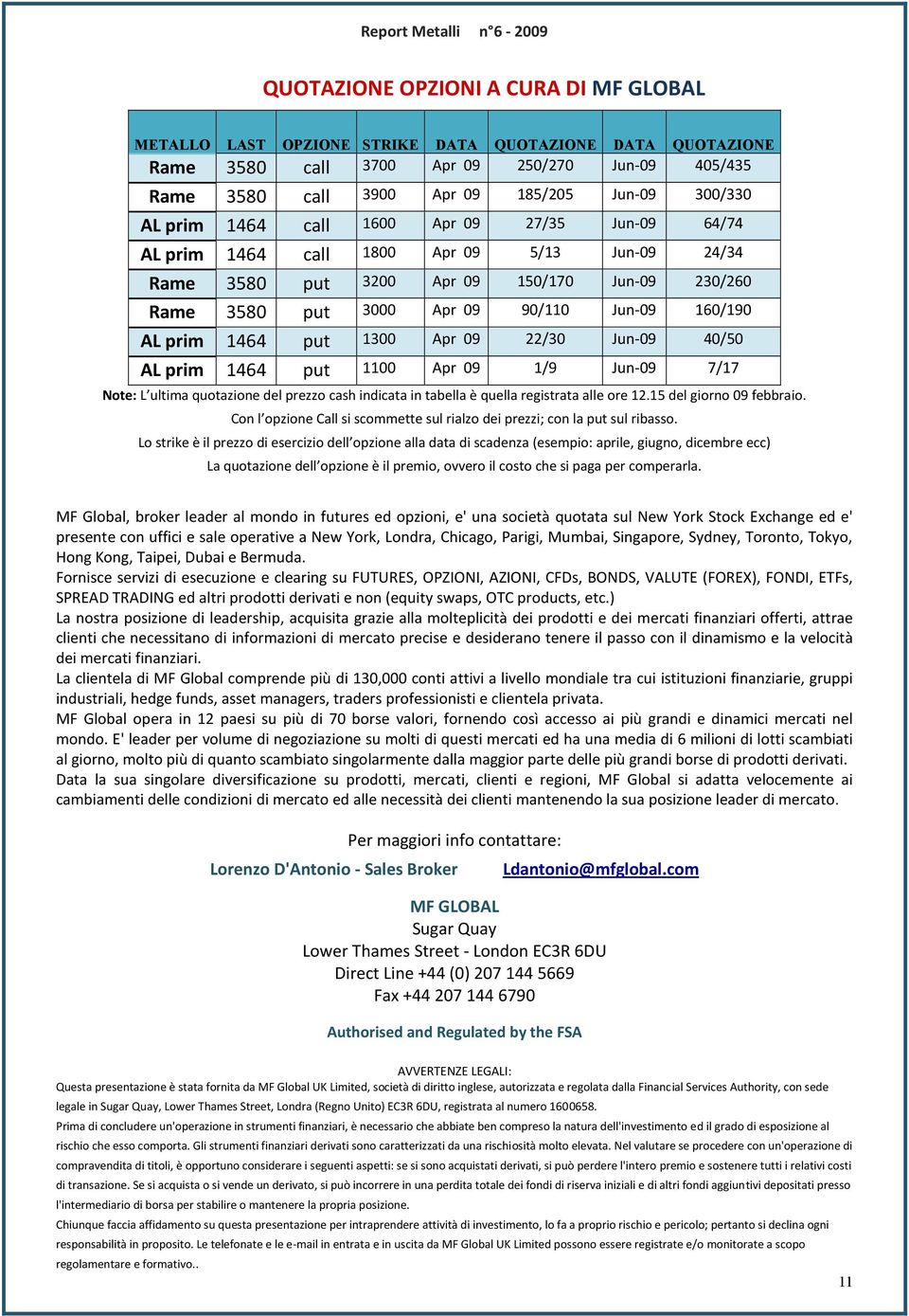 prim 1464 put 1300 Apr 09 22/30 Jun-09 40/50 AL prim 1464 put 1100 Apr 09 1/9 Jun-09 7/17 Note: L ultima quotazione del prezzo cash indicata in tabella è quella registrata alle ore 12.