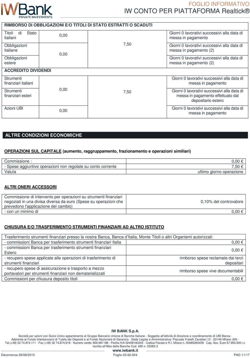 messa in pagamento ALTRE CONDIZIONI ECONOMICHE OPERAZIONI SUL CAPITALE (aumento, raggruppamento, frazionamento e operazioni similiari) Commissione : - Spese aggiuntive operazioni non regolate su