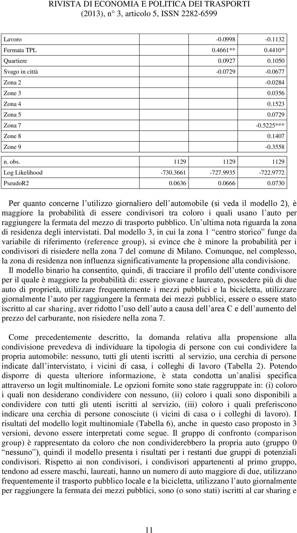 0730 Per quanto concerne l utilizzo giornaliero dell automobile (si veda il modello 2), è maggiore la probabilità di essere condivisori tra coloro i quali usano l auto per raggiungere la fermata del