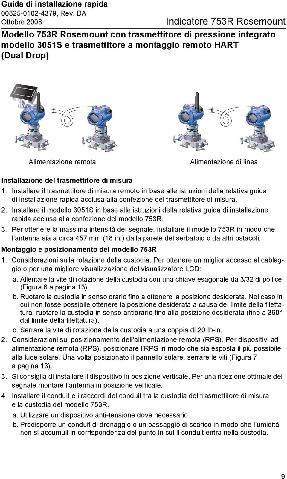 Installare il trasmettitore di misura remoto in base alle istruzioni della relativa guida di installazione rapida acclusa alla confezione del trasmettitore di misura. 2.